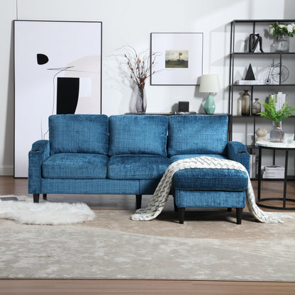 Sofa for three, solid wood frame, Chenille fabric, side pocket, with two cup holders, footstool with storagestorage sofa /Living room sofa cozy sectional sofa