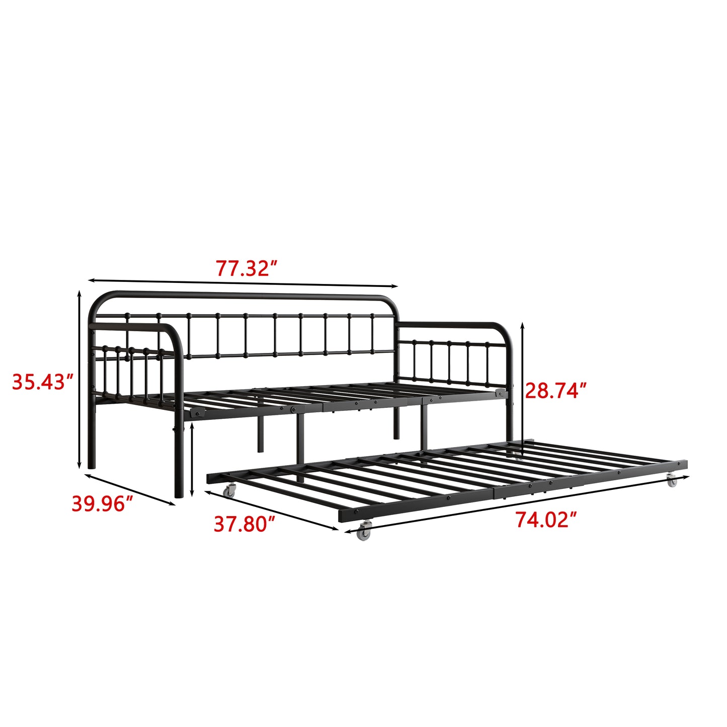 Size Metal Daybed Frame with Trundle, Heavy Duty Steel Slat Support Sofa Bed Platform with Headboard, No Box Spring Needed, Black