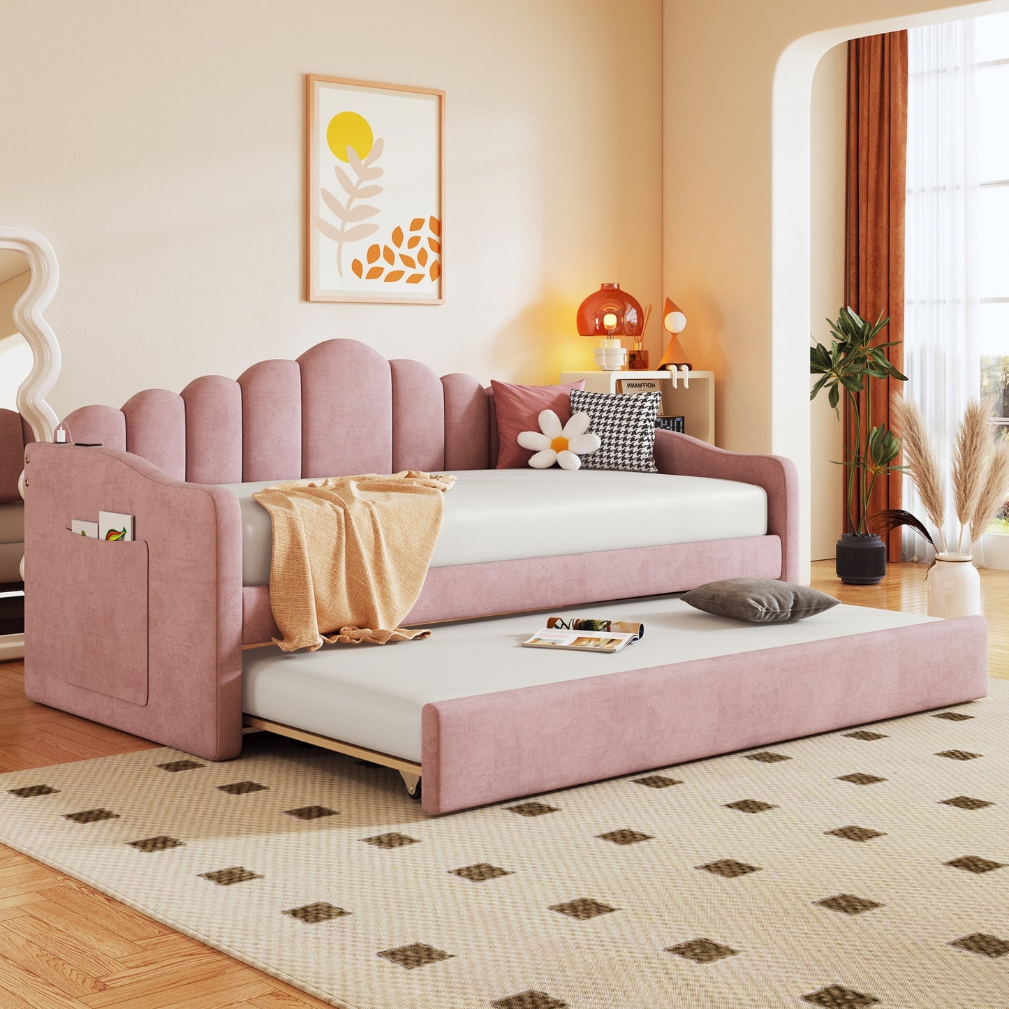 Twin size Upholstered Daybed with Trundle,Velvet Sofabed with USB Charging Ports,No Box-spring Needed,Pink