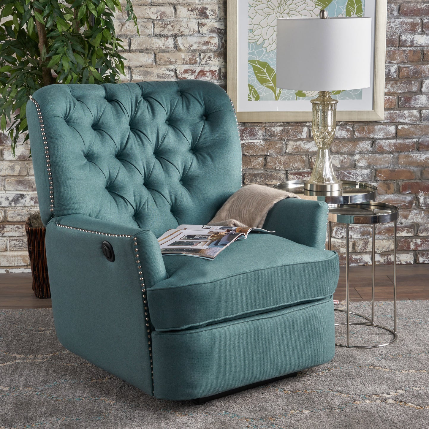 Indulge in Supreme Comfort: Electric Recliner Chair with Elegant Copper Accents and Soft Teal Upholstery