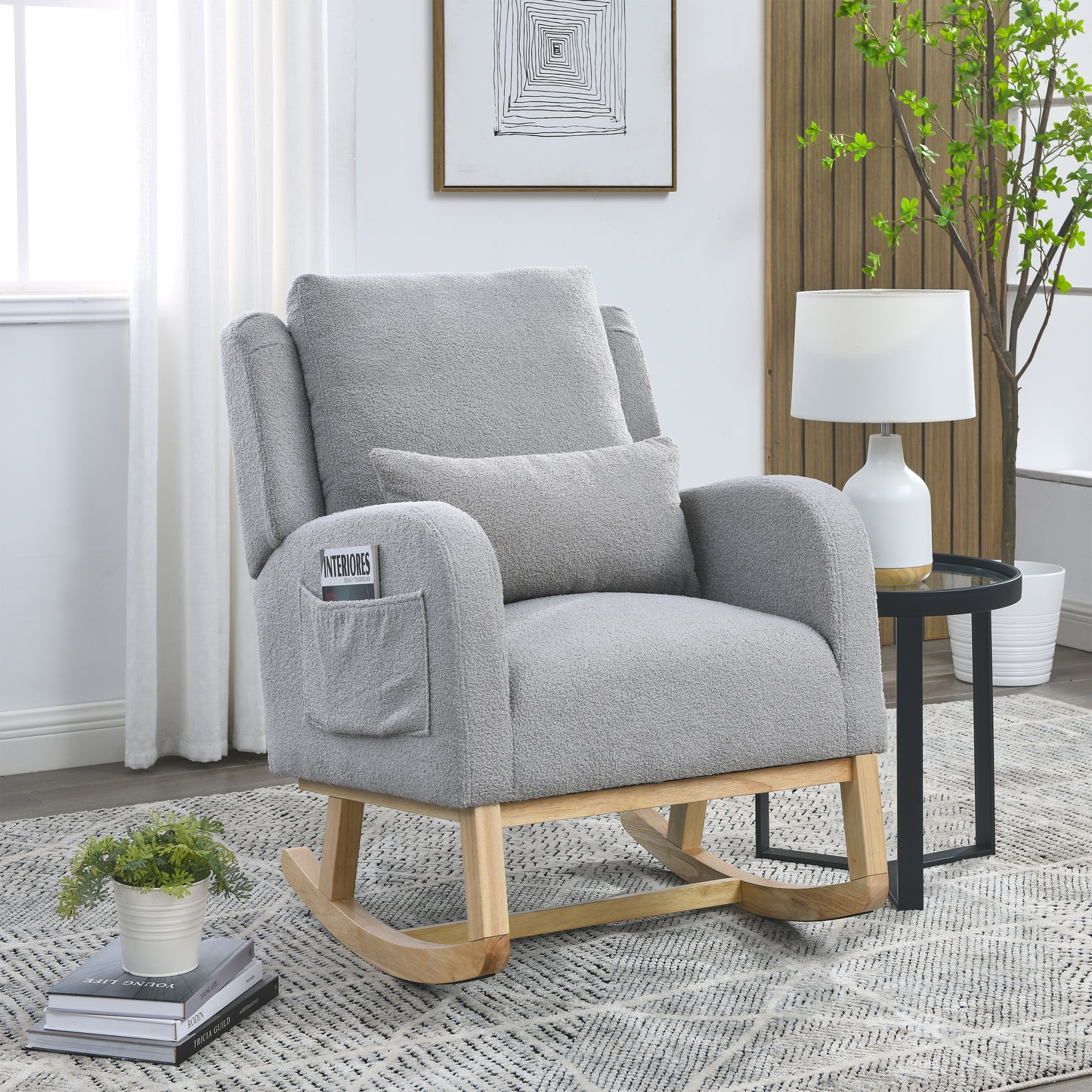 27.5 "W Modern Accent High Back Living Room Casual Armchair Rocker with One Lumbar Pillow, Two Side Pockets,Teddy.