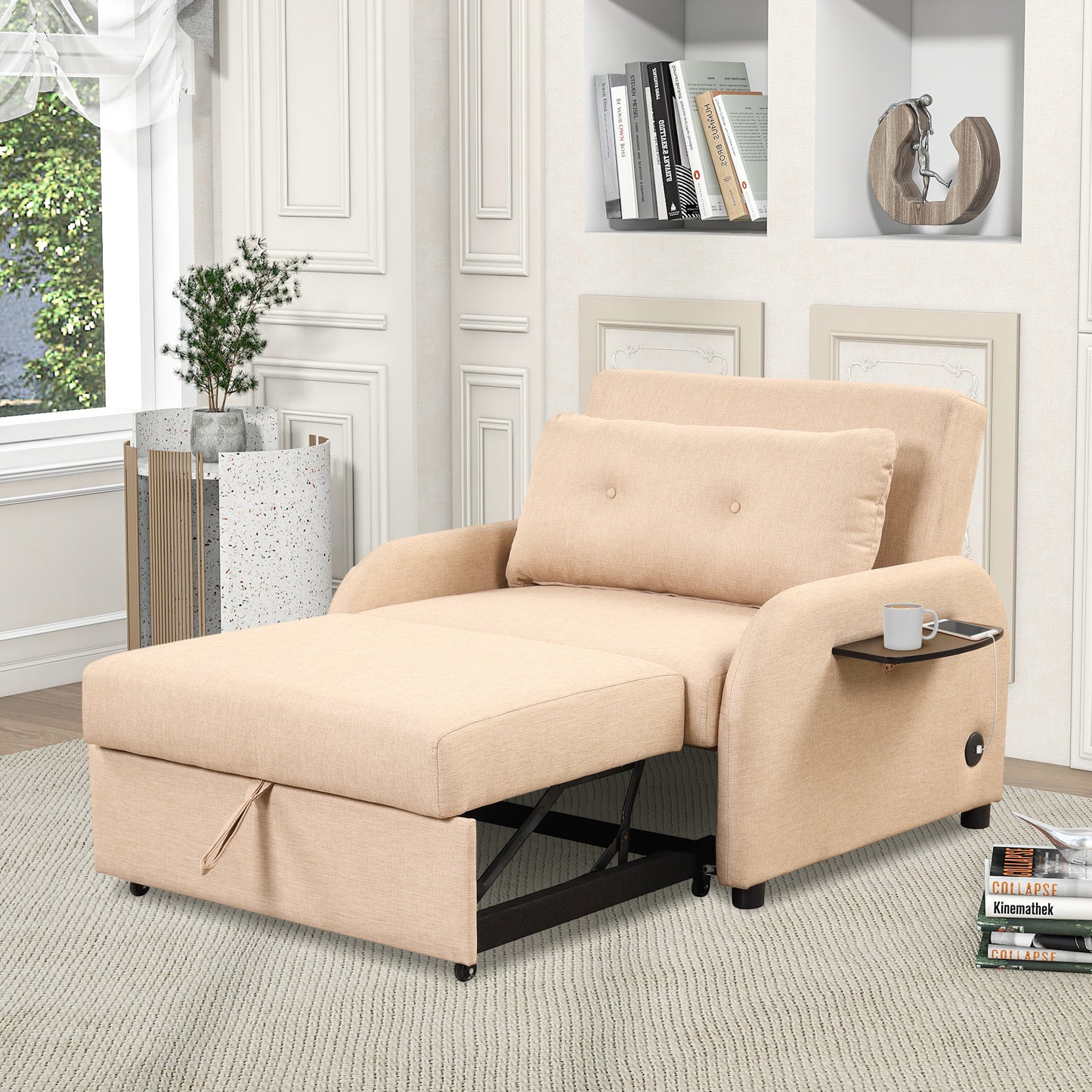 Pull out sofa sleeper 3 in 1 with 2 wing table and usb charge for nap line fabric for living room recreation room Beige