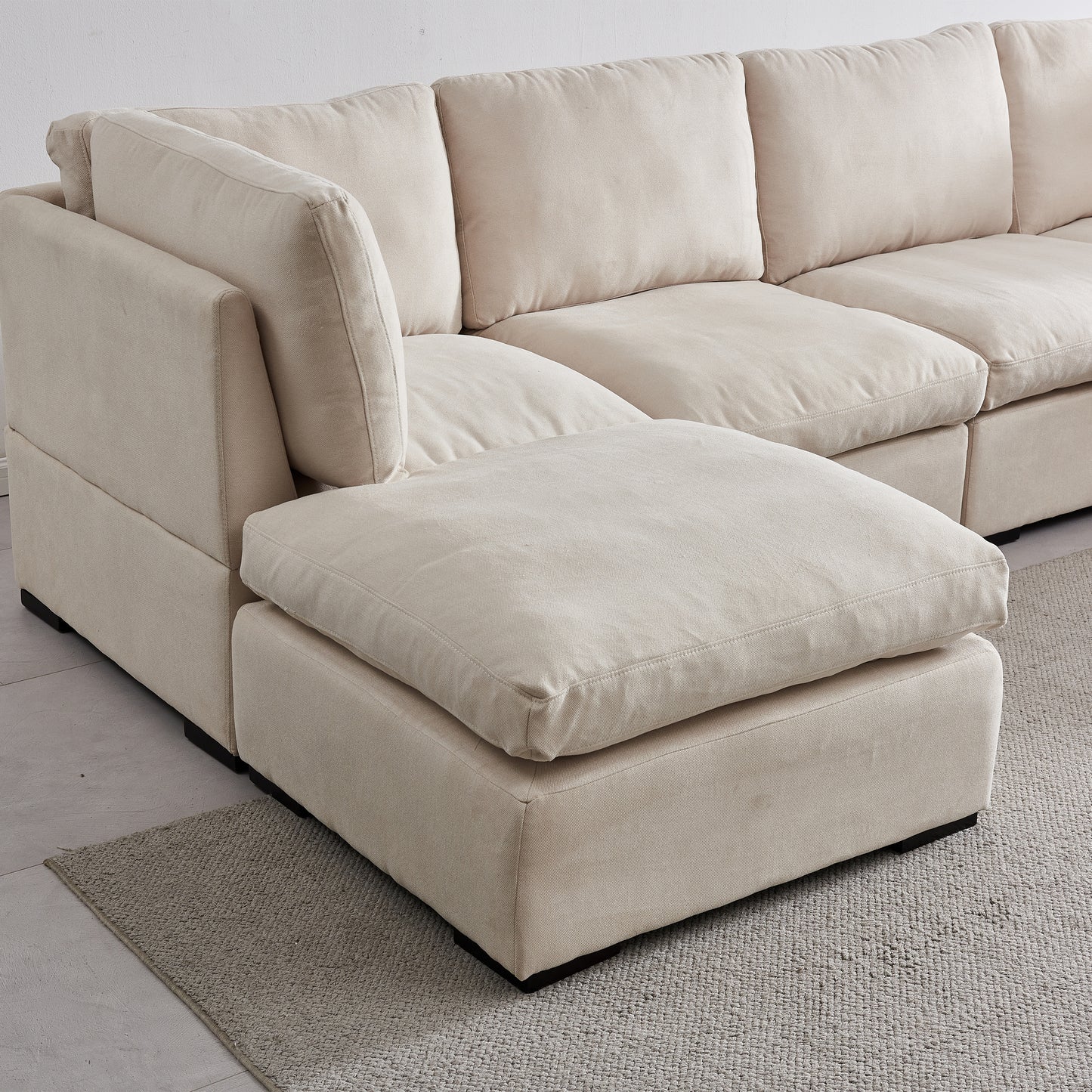 Modular Sofa with Ottoman,Filled with Down,Soft Linen Fabric,Beige