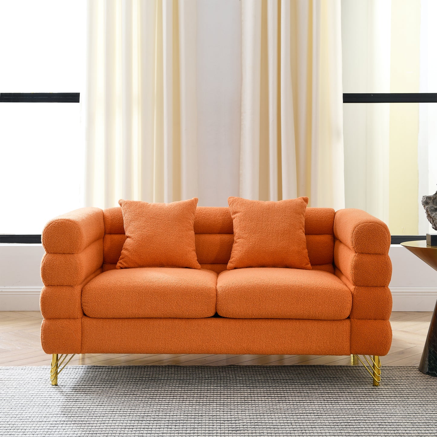 60Inch Oversized 2 Seater Sectional Sofa, Living Room Comfort Fabric Sectional Sofa-Deep Seating Sectional Sofa, Soft Sitting with 2 Pillows for Living Room,Bedroom,Office,Orange teddy