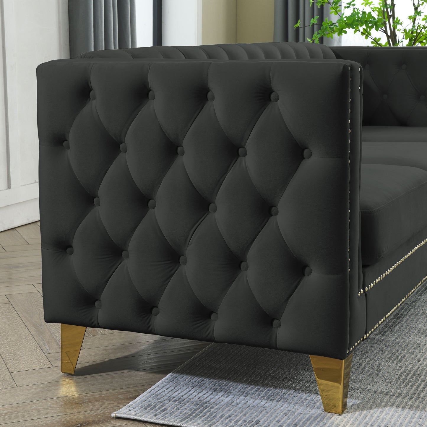 Velvet Sofa for Living Room,Buttons Tufted Square Arm Couch, Modern Couch Upholstered Button and Metal Legs, Sofa Couch for Bedroom, Black Velvet(W834S00022)