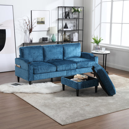 Sofa for three, solid wood frame, Chenille fabric, side pocket, with two cup holders, footstool with storagestorage sofa /Living room sofa cozy sectional sofa