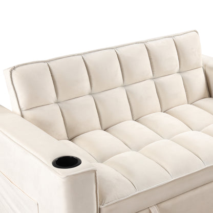 58" 4-1 Multi-functional Sofa Bed with Cup Holder and USB Port for Living Room or Apartments Milky White