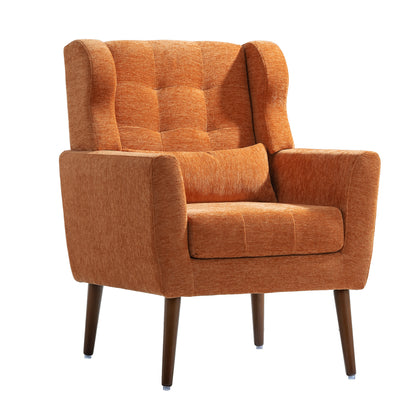 Modern Accent Chair,Chenille Arm Chairs for Living Room,Upholstered Mordern Armchair,Comfy Soft Padded Lounge Chair in Small Space, Bedroom, w/Pillow, Solid Wood Leg (Orange)