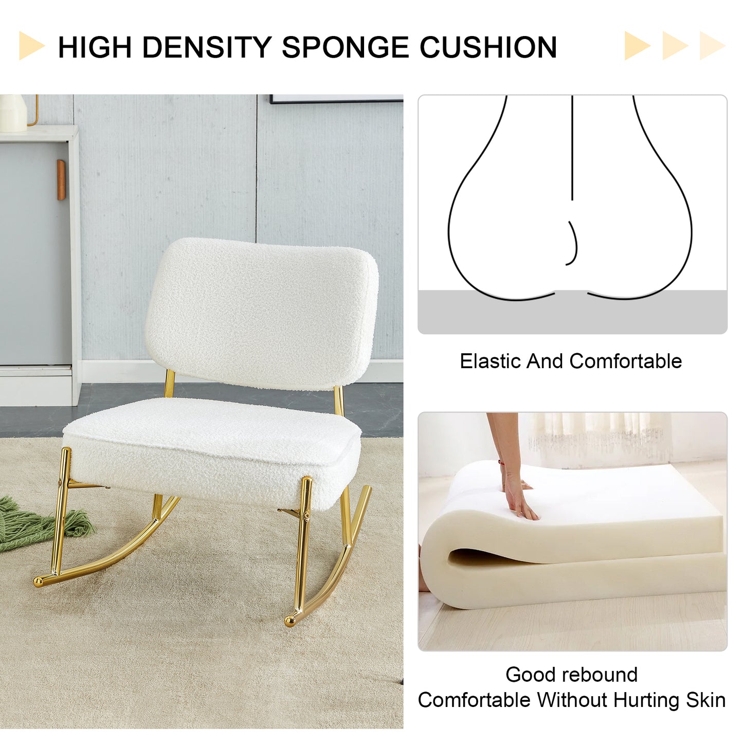 Teddy suede material cushioned rocking chair, unique rocking chair, cushioned seat, white rocking chair with backrest and golden metal legs. Comfortable side chairs in living room, bedroom, office