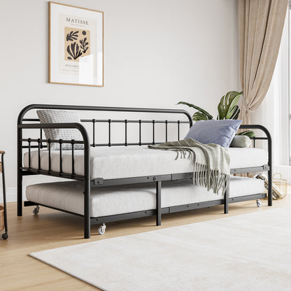 Size Metal Daybed Frame with Trundle, Heavy Duty Steel Slat Support Sofa Bed Platform with Headboard, No Box Spring Needed, Black