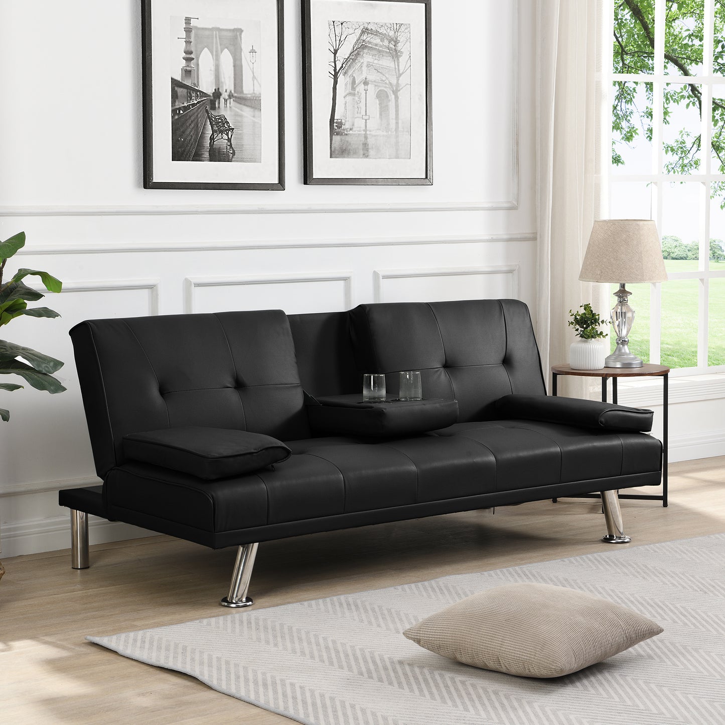 Sofa bed with Armrest two holders WOOD FRAME, STAINLESS LEG, FUTON BLACK PVC