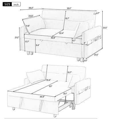 55.1" Pull Out Sleep Sofa Bed Loveseats Sofa Couch with Adjsutable Backrest, Storage Pockets, 2 Soft Pillows, USB Ports for Living Room, Bedroom, Apartment, Office, Blue (Old SKU WF307821AAC)