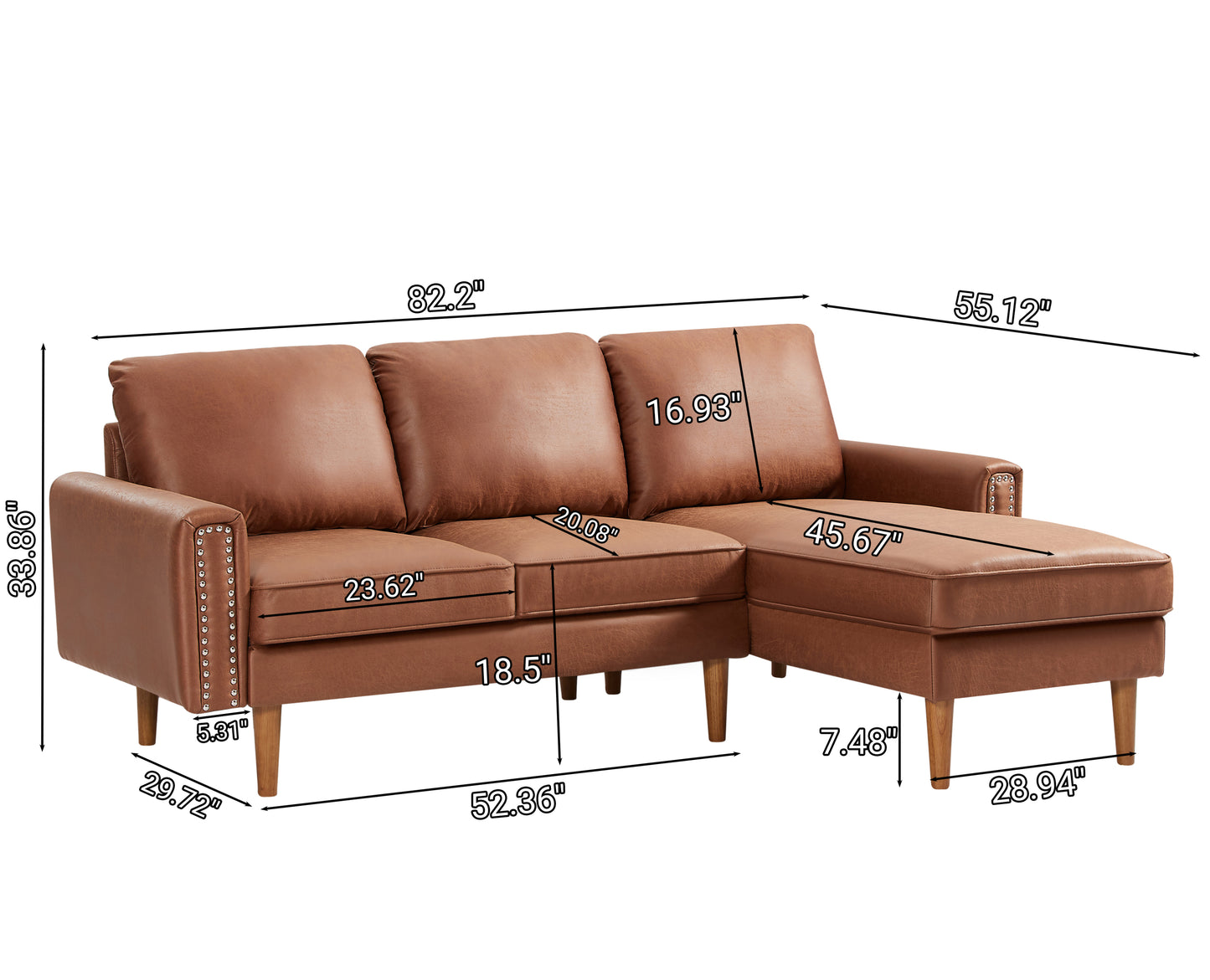 82.2"L-Shape Sofa Couch with Chais Mid-Century Copper Nail on Arms,strong wooden leg and suede fabric design that will complement any living space.Right Chaise, Brown