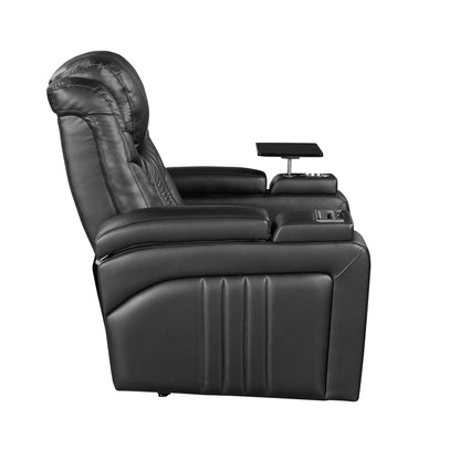 PU Leather Power Recliner Home Theater Recliner with Power Adjustable Headrest, Wireless Charging Device, USB Port, Storage Arms, Cup Holder and Swivel Tray Table for Living Room, Black