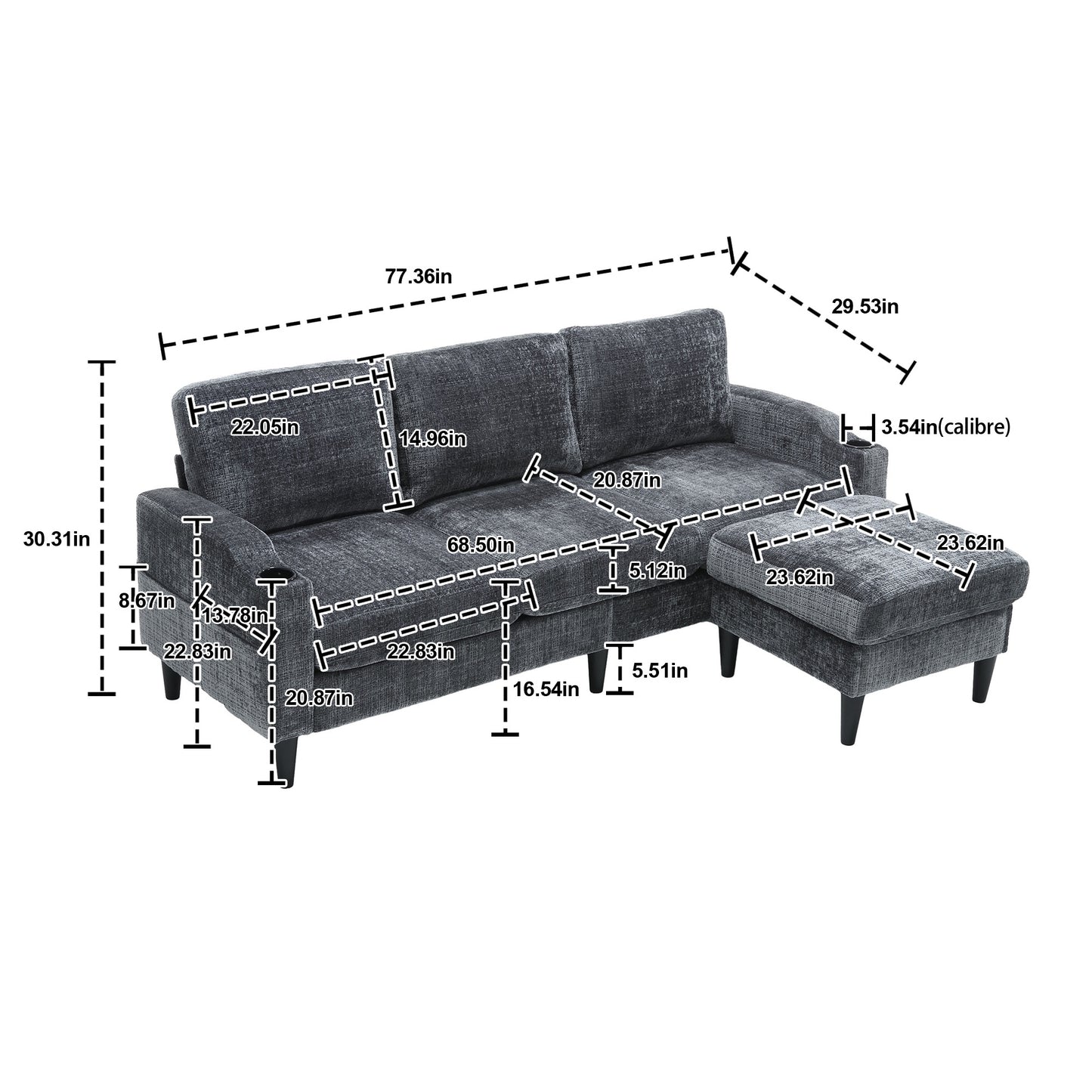 Sofa for three, solid wood frame, Chenille fabric, side pocket, with two cup holders, footstool with storagestorage sofa /Living room sofa cozy sectional sofa