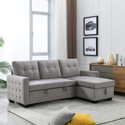 77 Inch Reversible Sectional Storage Sleeper Sofa Bed, L-Shape 2 Seat Sectional Chaise With Storage, Skin-Feeling Velvet Fabric,Light Grey Color For Living Room Furniture