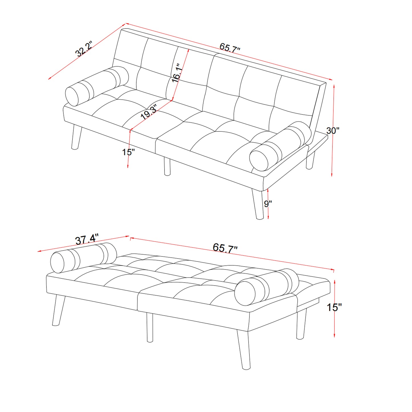 Convertible Sofa Bed Futon with Solid Wood Legs Linen Fabric Light Grey