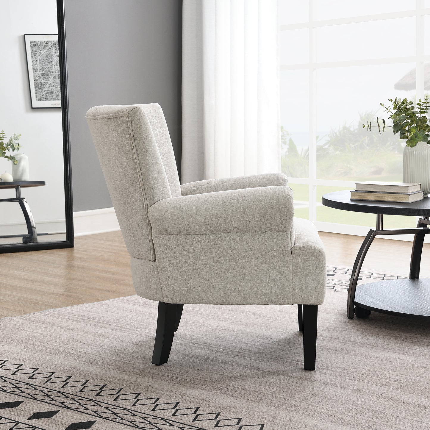 Modern Accent Living Room Chairs,Polyester Armchair Club Chair with channel back, Accent chair for Living room, Bedroom Reading room, soft fabric, wooden Leg, Light Grey