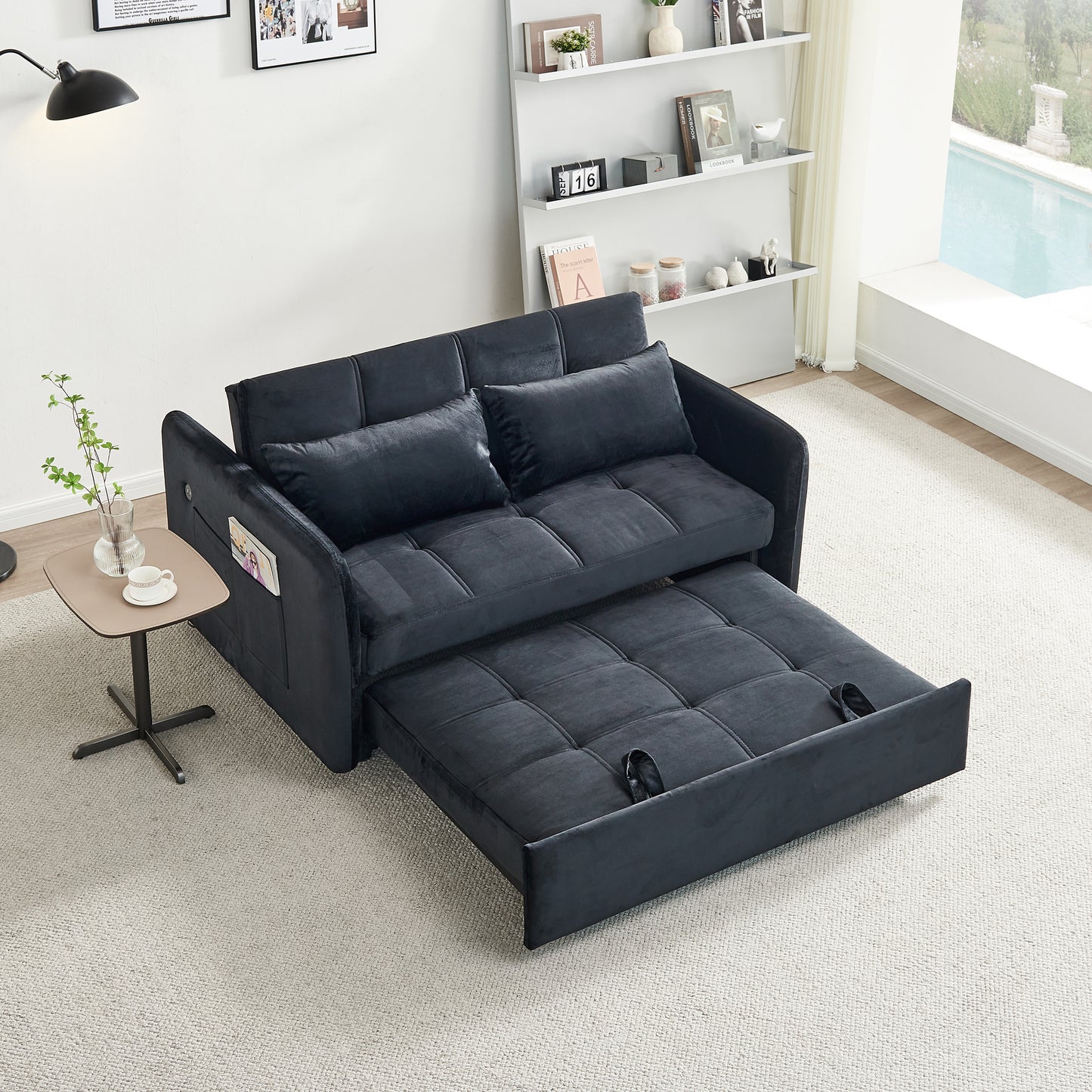 55.5" Twins Pull Out Sofa Bed Black Velvet