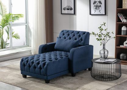 Multifunctional Living Room Leisure Chaise Lounge Barry Tufted Comfy Armchair Wireless Charging, Smooth Reclining Backrest & Lumbar Pillow for Home Apartment (Navy linen)