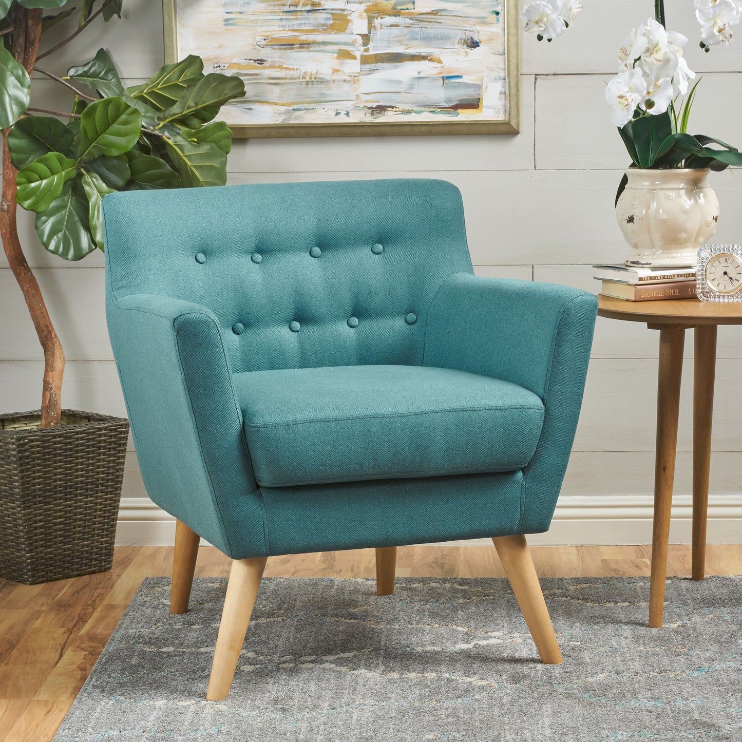 CLUB CHAIR, Mid-Century Modern Fabric Club Chair, Dark Teal / Natural