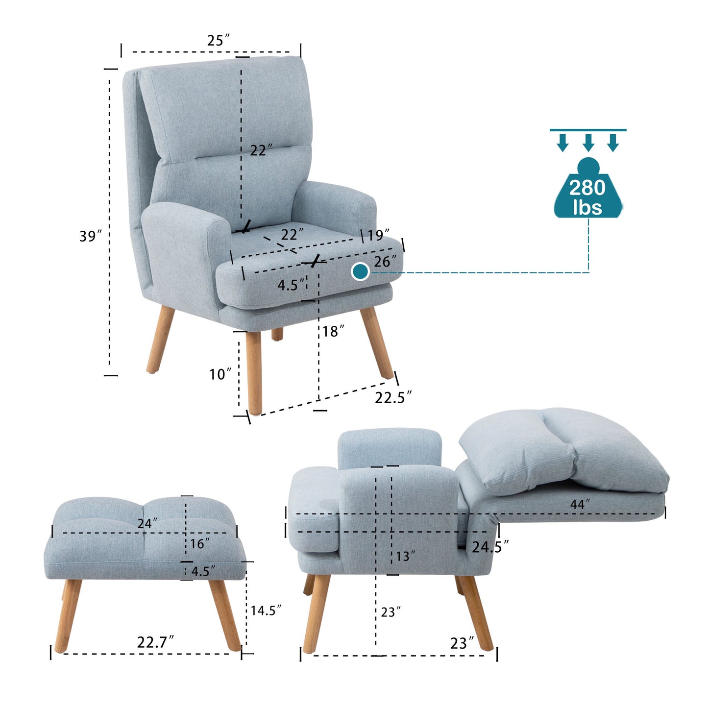 Accent Chair with Ottoman Set, Fabric Armchair with Wood Legs and Adjustable Backrest, Mid Century Modern Comfy Lounge Chair for Living Room, Bedroom, Reading Room and Study