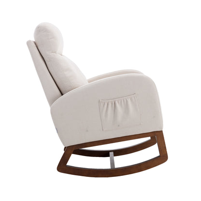 Rocking Chair, Modern Glider Chair, Recliner Armchair with Wood Legs and Side Pocket, Nursery Rocking Accent Chair with High Back for Living Room Bedroom (Beige linen)