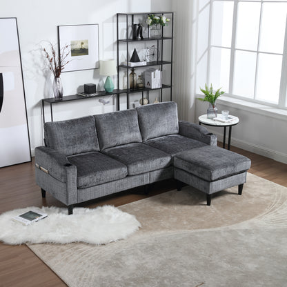 Sofa for three, solid wood frame, Chenille fabric, side pocket, with two cup holders, footstool with storagestorage sofa /Living room sofa cozy sectional sofa