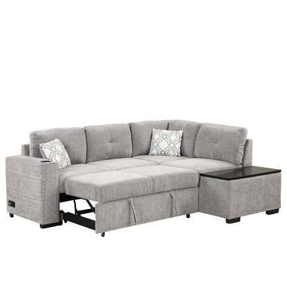 83.8" Sectional Pull-Out Sofa Bed L-Shaped Corner Sofa Couch with Storage Chaise, USB Ports, Power Sockets, Cup Holder for Living Room, Bedroom, Study, Light Gray