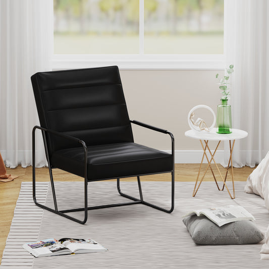 Modern Metal Framed Armchair with Black Technical Leather,  Stylish & Comfortable Indoor Lounge Accent Chair for Living Room, Office,Bedroom