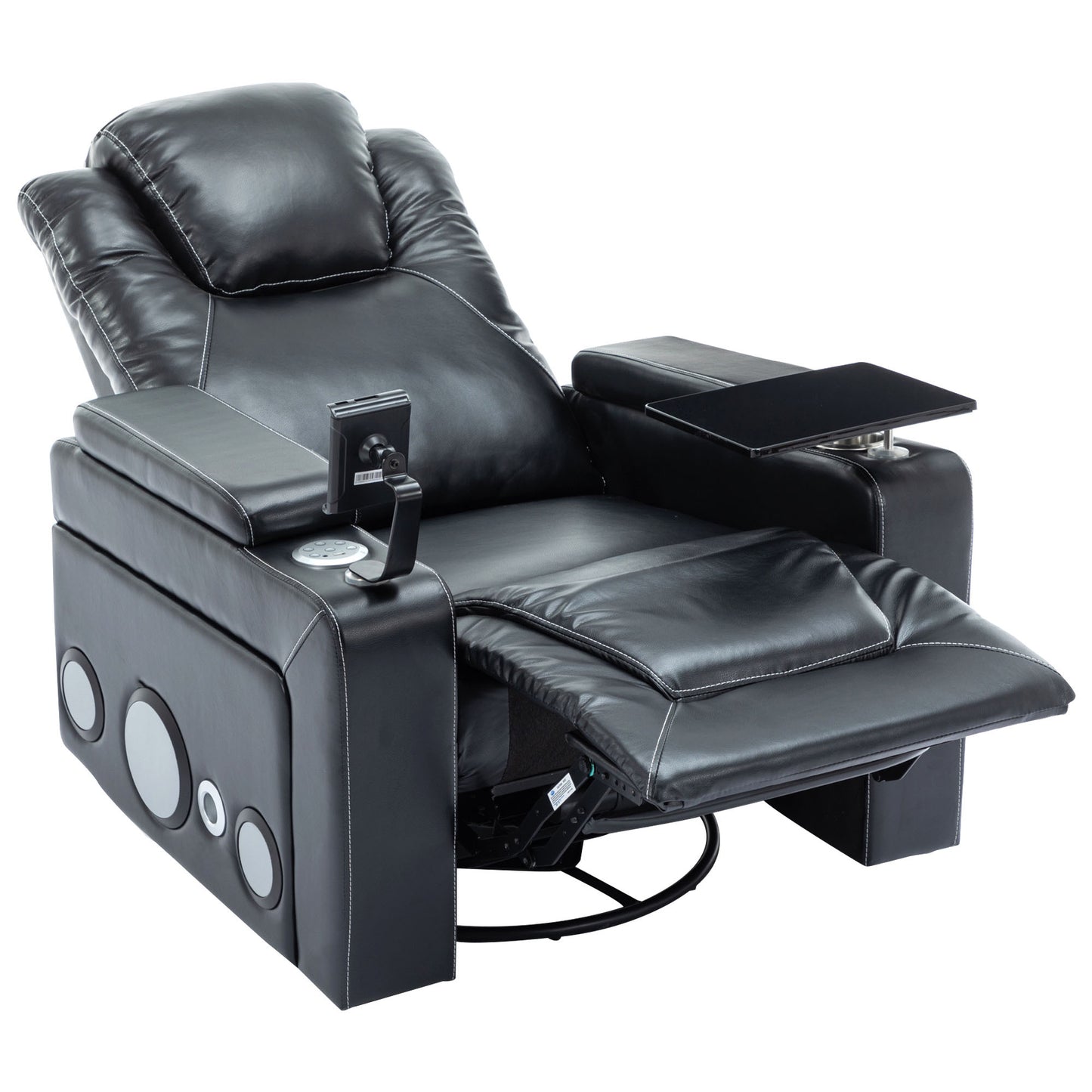 270 Degree Swivel PU Leather Power Recliner Individual Seat Home Theater Recliner with Surround Sound, Cup Holder, Removable Tray Table, Hidden Arm Storage for Living Room, Black