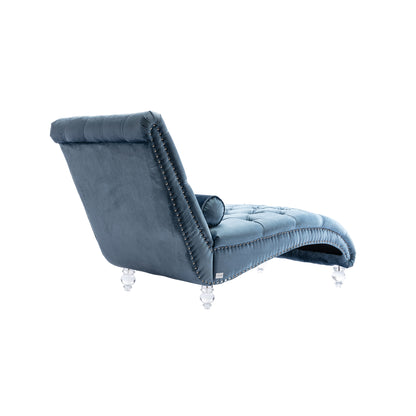 Velvet Chaise Lounge Indoor,Button-Tufted Upholstered Chaise Lounge Chair with Pillow for Bedroom Living Room Office (Light Blue Velvet)