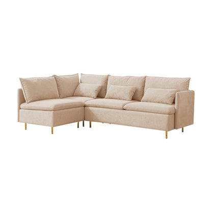 Modular L-shaped corner sofa, movable chaise facing left/right, beige cotton-linen -90.9 inches