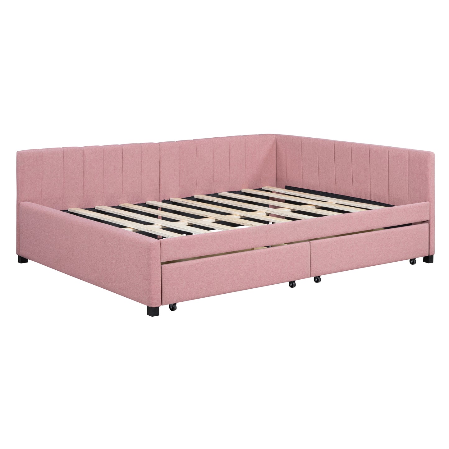 Full Size Upholstered Daybed with 2 Storage Drawers Sofa Bed Frame No Box Spring Needed, Linen Fabric (Pink)