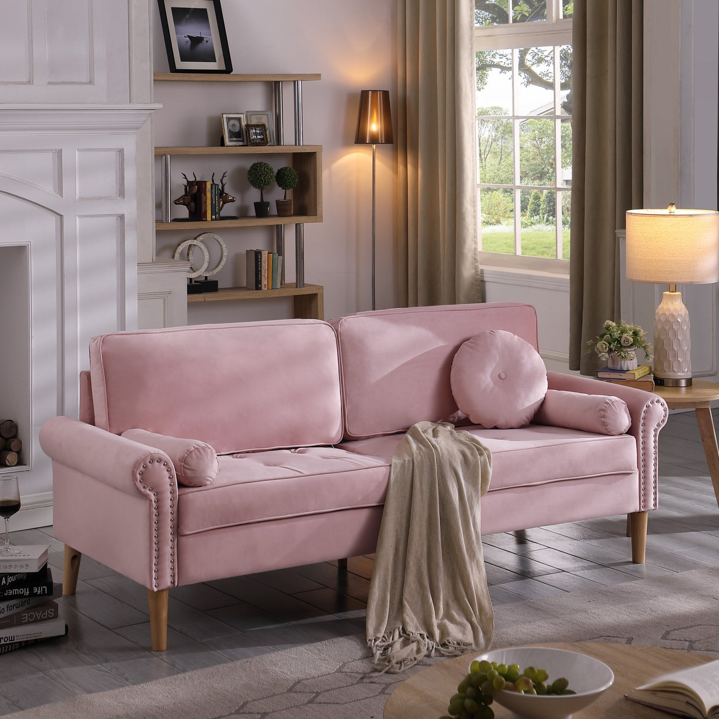 Living Room Sofa,3-Seater Sofa, with Copper Nail on Arms,Three Pillow,Pink