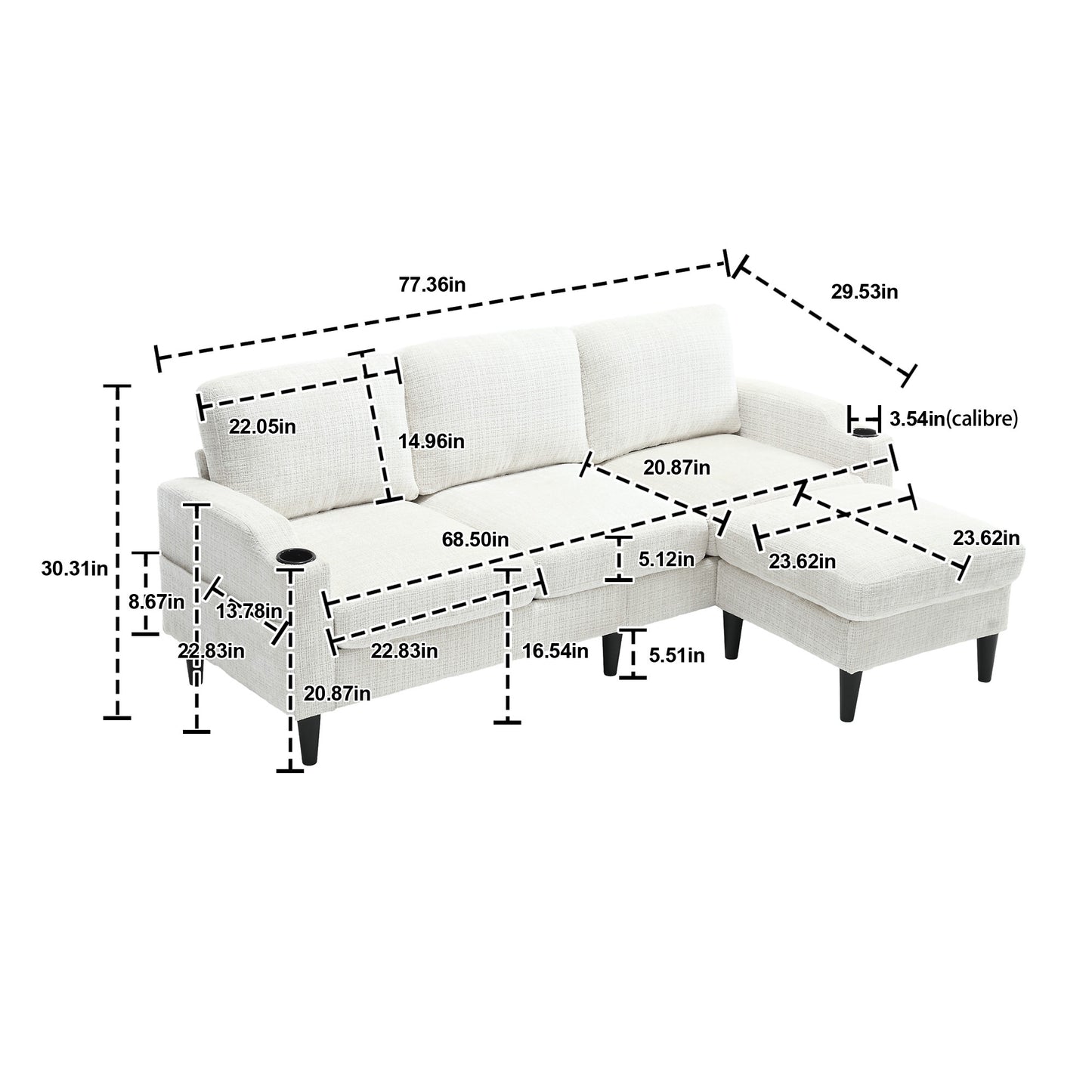 Sofa for three, solid wood frame, Chenille fabric, side pocket, with two cup holders, footstool with storagestorage sofa /Living room sofa cozy sectional sofa