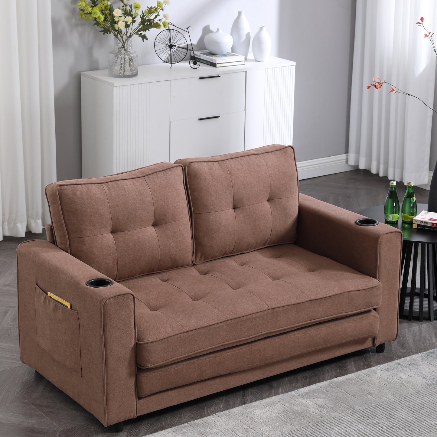 3-in-1 Upholstered Futon Sofa Convertible Floor Sofa bed,Foldable Tufted Loveseat with Pull Out Sleeper Couch Bed,Folding Mattres Love Seat Daybed W/Side Pockets for Living Room, Brown