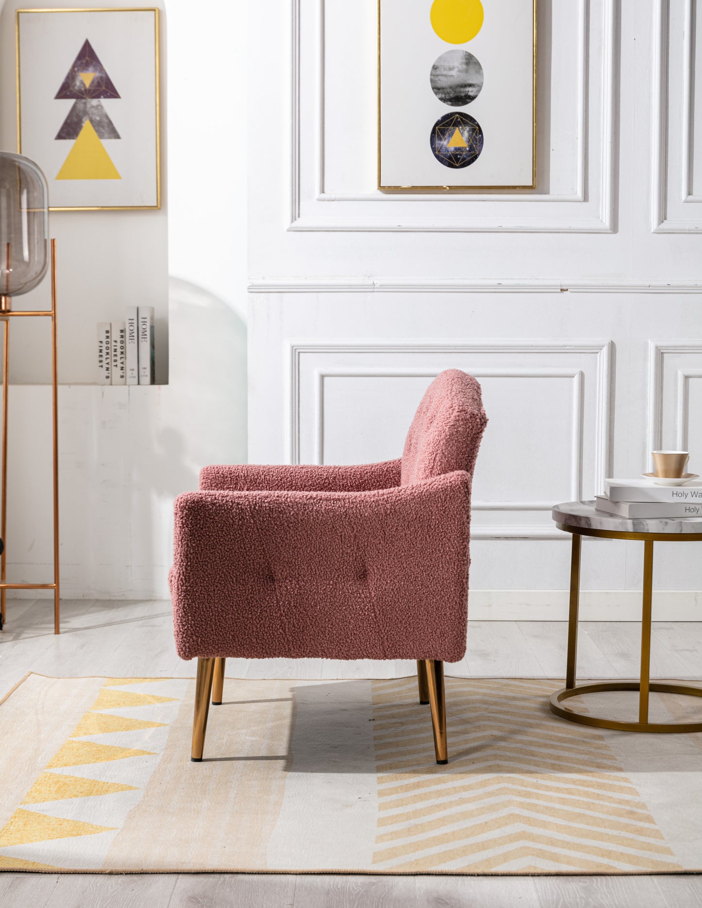 Modern Accent Chair with Arms, Tufted Decorative Fabric Armchair with Gold Metal Legs, Upholstered Reading Chair for Living Room Bedroom Office