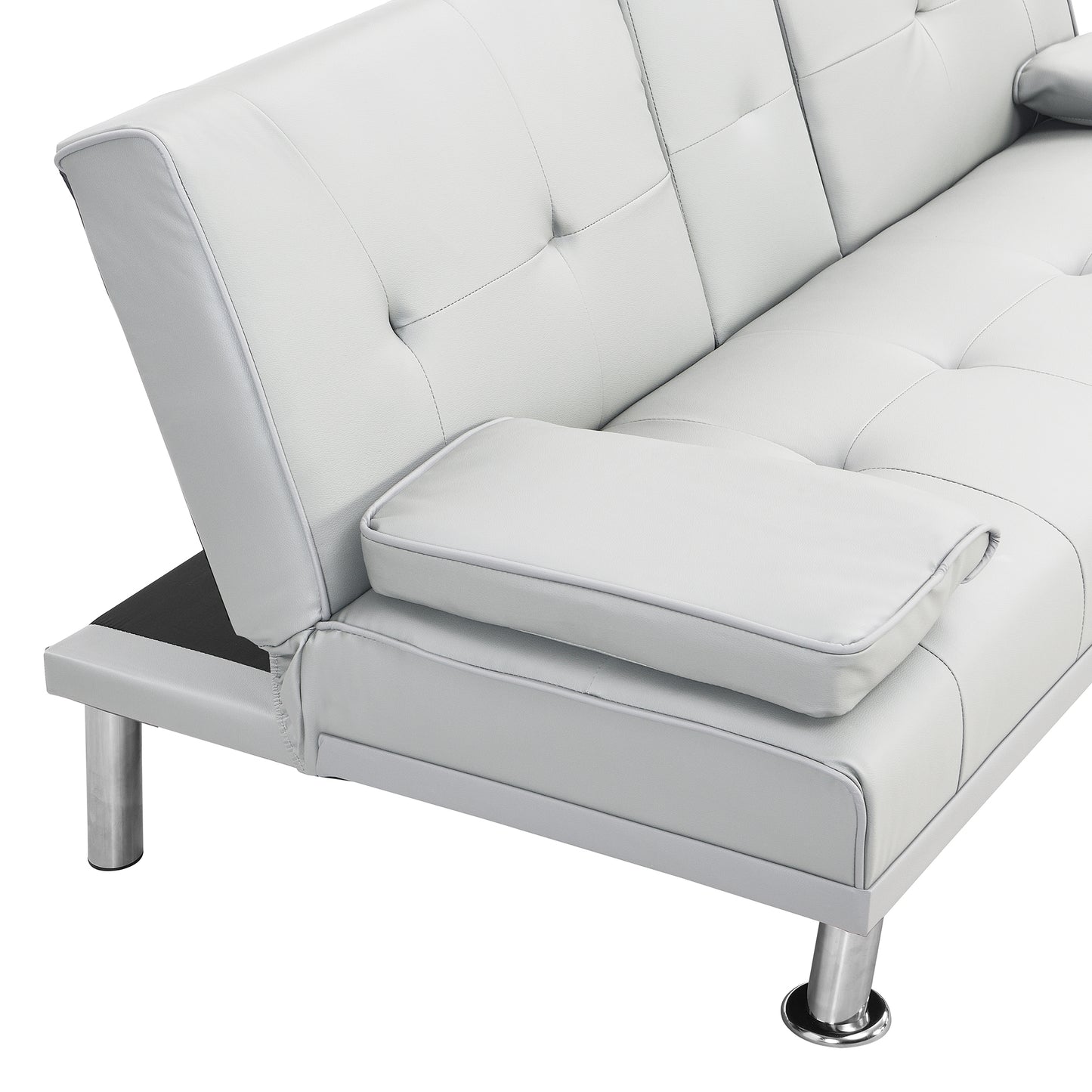 Sofa Bed with Armrest two holders WOOD FRAME, STAINLESS LEG, FUTON WHITE PVC