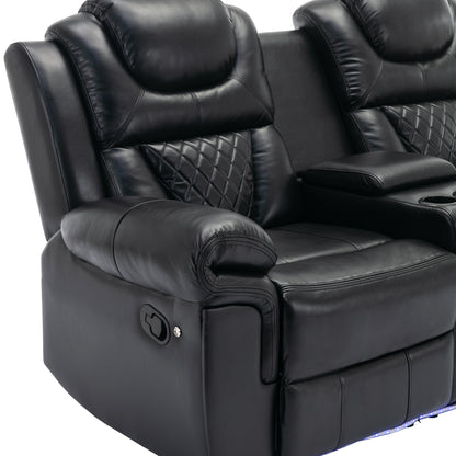 Home Theater Seating Manual Recliner Loveseat with Hide-Away Storage, Cup Holders and LED Light Strip for Living Room, Black