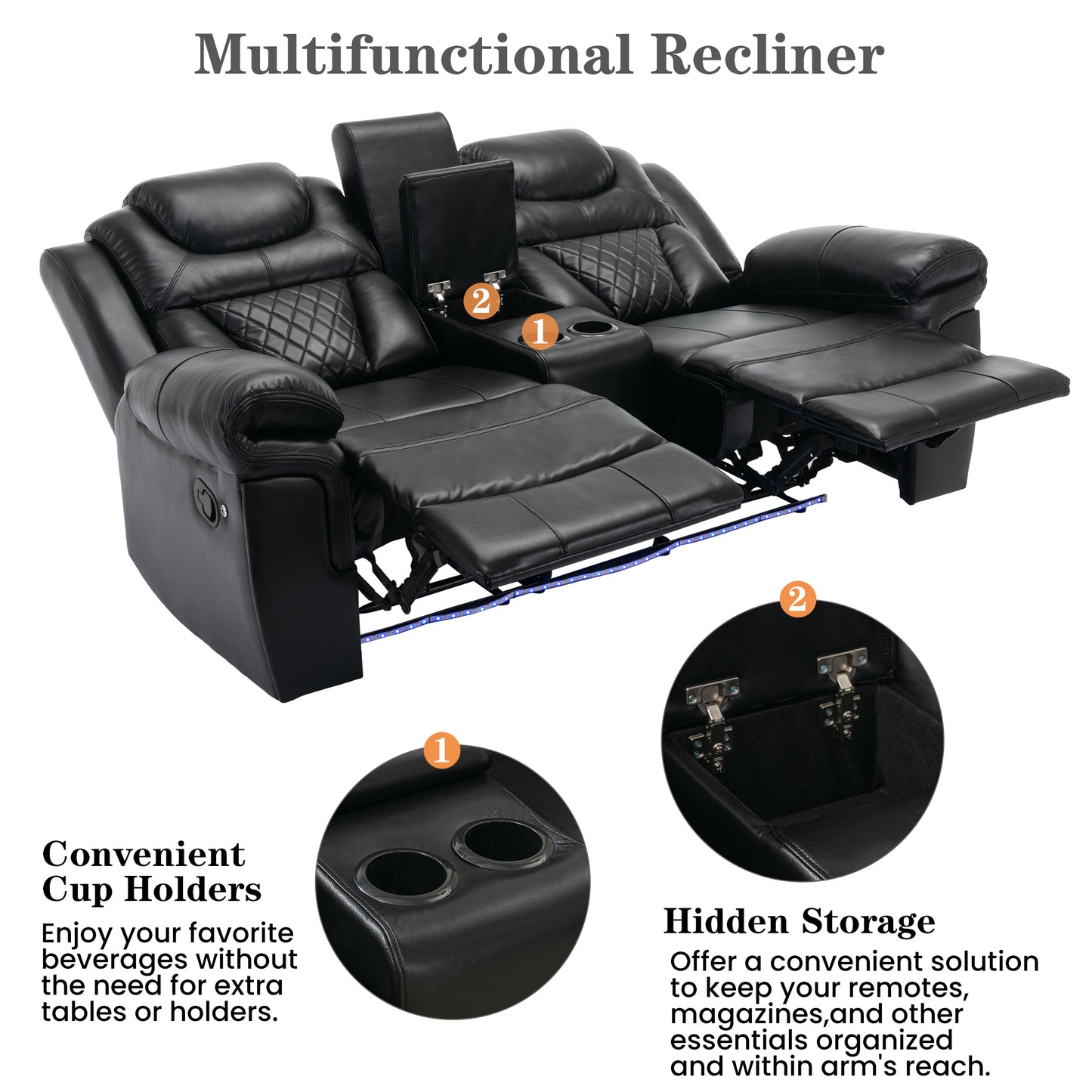 Home Theater Seating Manual Recliner Loveseat with Hide-Away Storage, Cup Holders and LED Light Strip for Living Room, Black