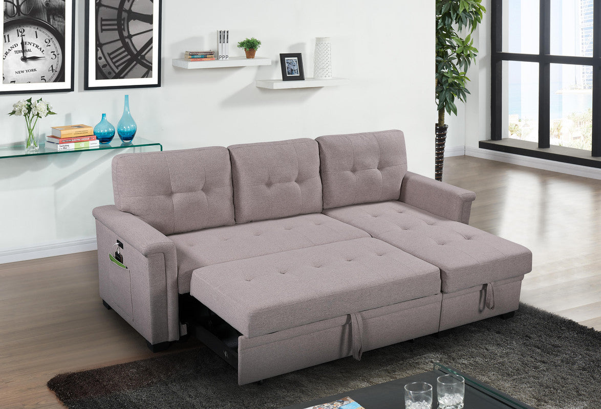 84" Light Gray Reversible Sleeper Sectional Sofa with Storage Chaise, USB Charging Ports and Pocket