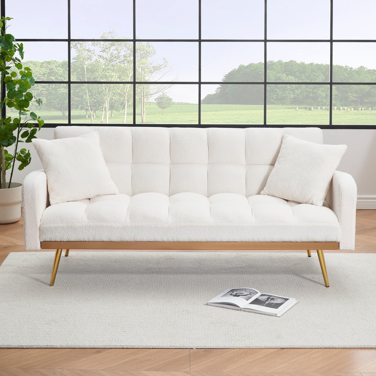 69-inch beige sofa bed with adjustable sofa teddy fleece 2 throw pillows