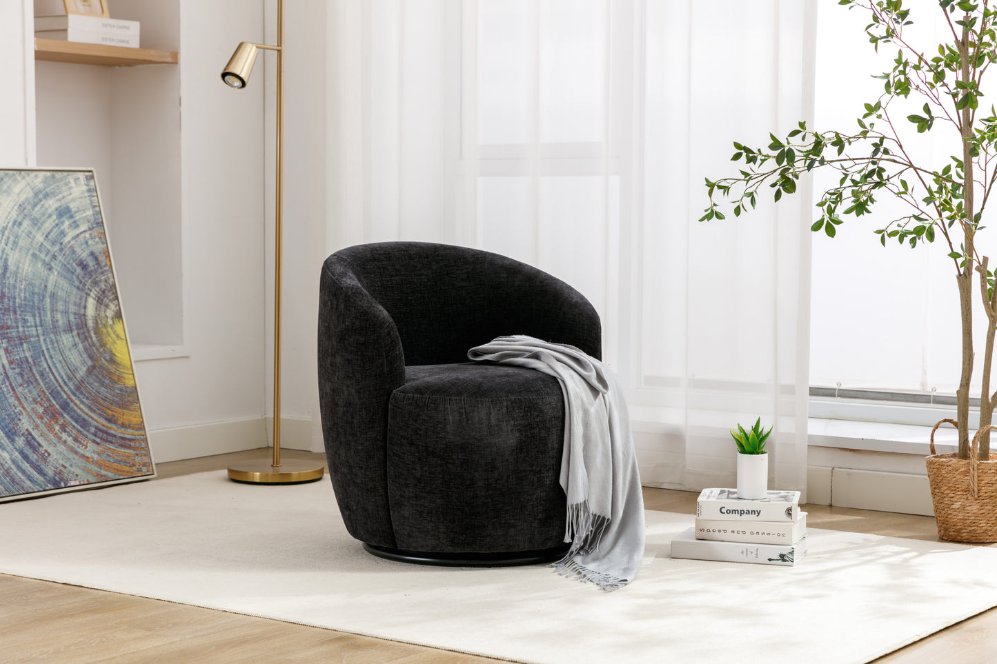 Fabric Swivel Accent Armchair Barrel Chair With Black Powder Coating Metal Ring,Black