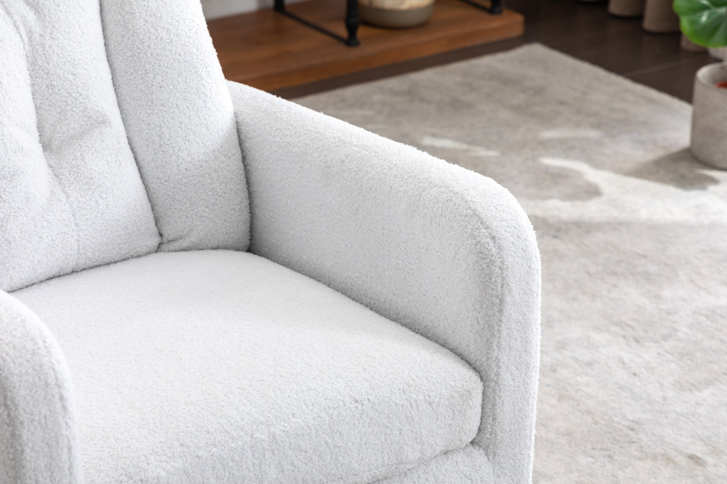 022-Teddy Fabric Swivel Rocking Chair Gilder Chair With Pocket,White