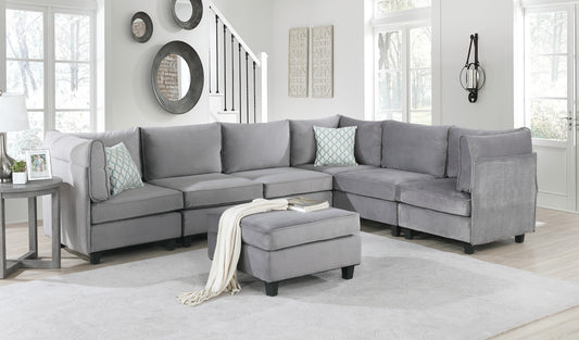 120" Gray Velvet 7Pc Modular Sectional Sofa