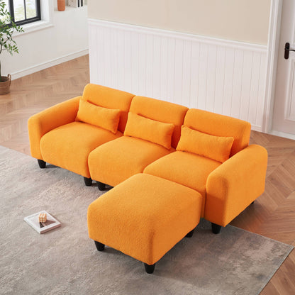 The 84.6-inch orange teddy fleece creative sofa can be assembled into a two-seater sofa with a single couch with three waist pillows to perfectly stretch your waist for small apartment bedroom Spaces