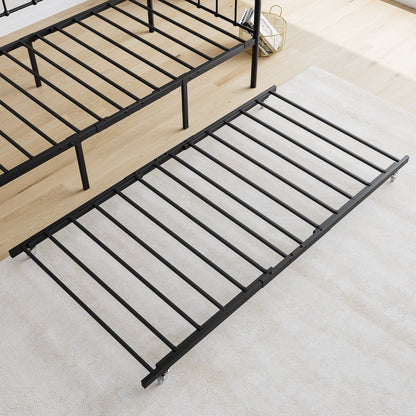 Size Metal Daybed Frame with Trundle, Heavy Duty Steel Slat Support Sofa Bed Platform with Headboard, No Box Spring Needed, Black