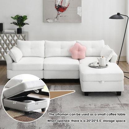 92*63"Modern Teddy Velvet Sectional Sofa,Charging Ports on Each Side,L-shaped Couch with Storage Ottoman,4 seat Interior Furniture for Living Room, Apartment,3 Colors(3 pillows)