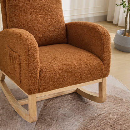 27.2"W Rocking Chair for Nursery, Sherpa Glider Chair with High Back and Side Pocket, Rocking Accent Armchair with Rubber Wood Legs for Living Room/Bedroom.Caramel